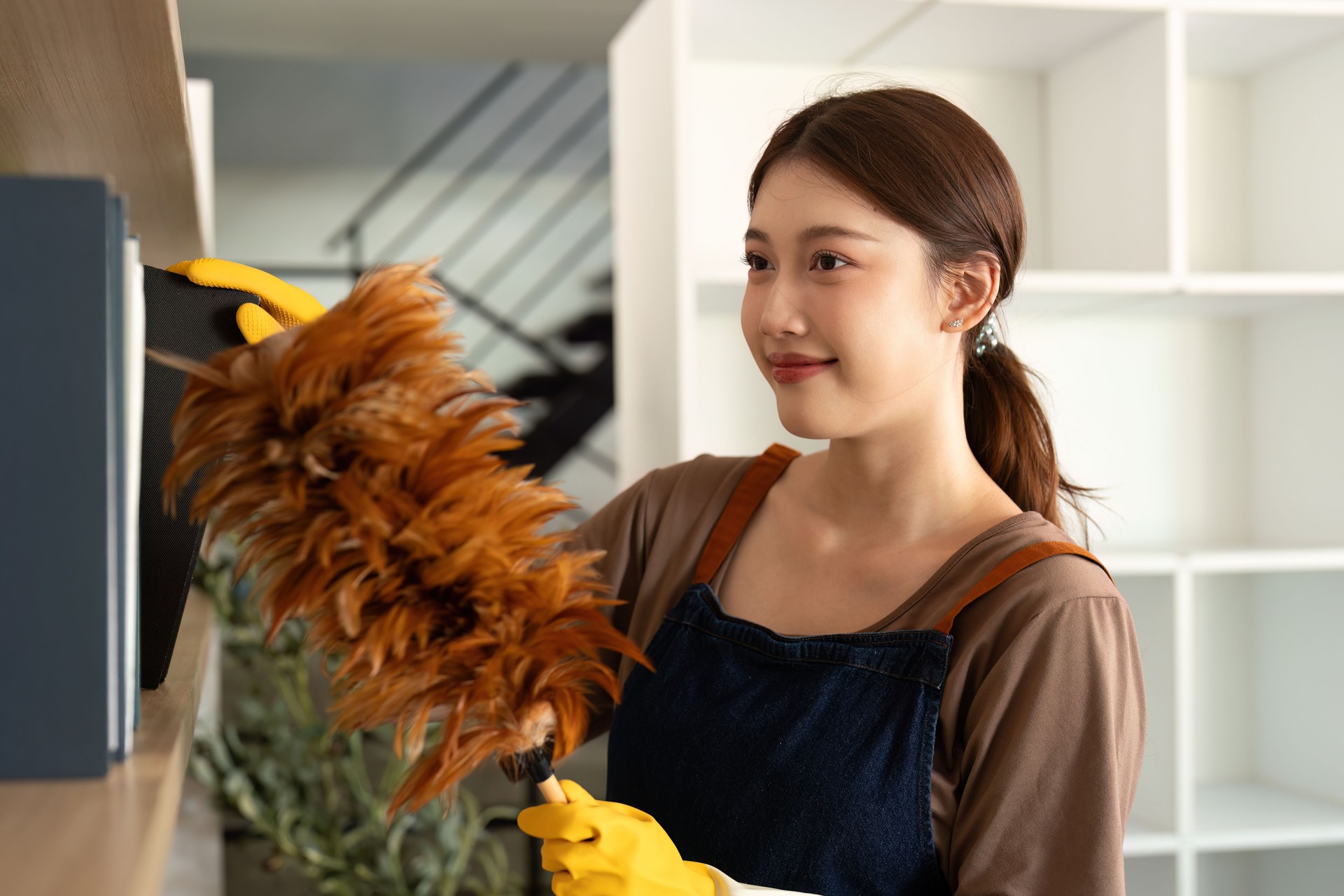 Home Cleaning. Young woman dusting shelf with feather duster and smile.